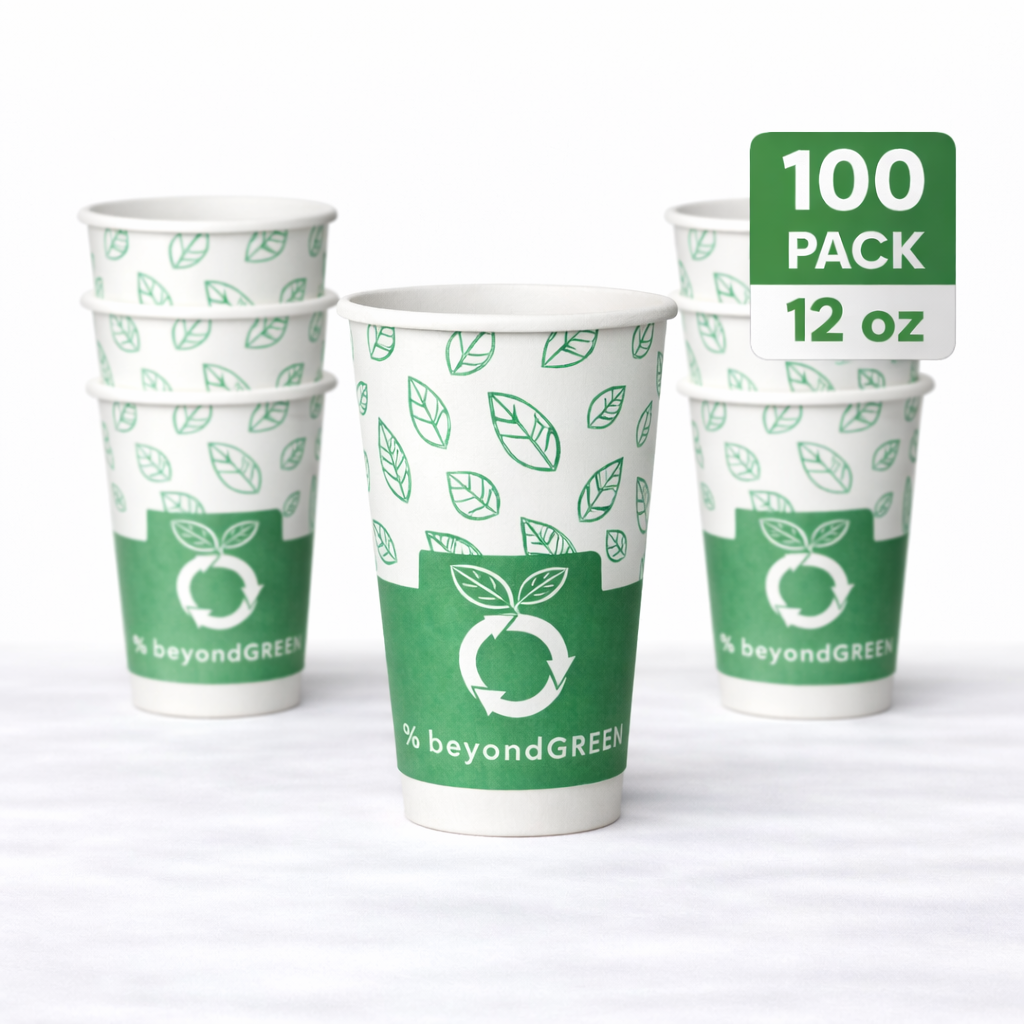 beyondGREEN Aqueous Paper Cups – 12 oz / 16 oz | Hot & Cold Use | Made in USA | 25 CT