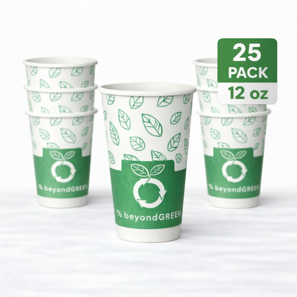 beyondGREEN Aqueous Paper Cups – 12 oz / 16 oz | Hot & Cold Use | Made in USA | 25 CT