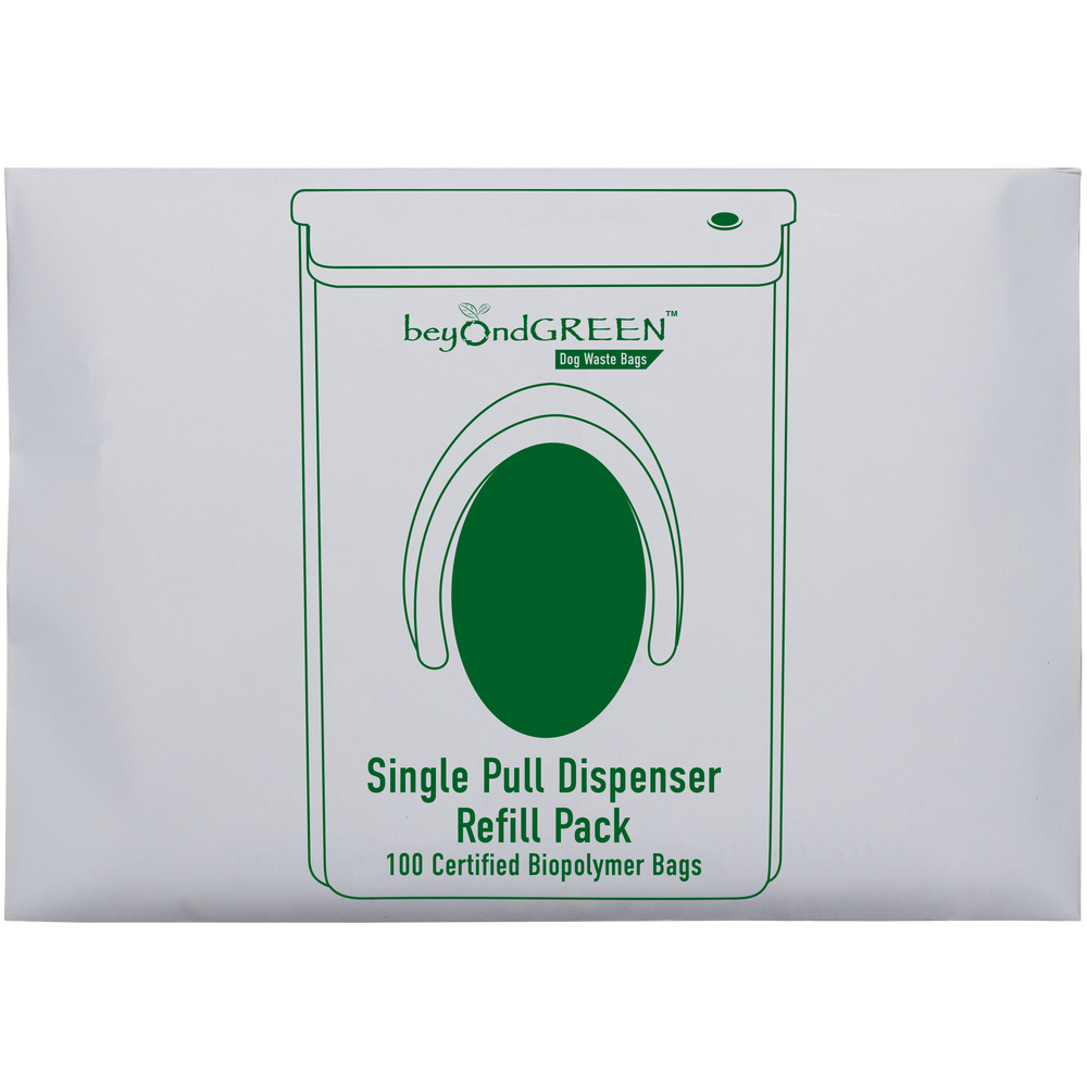 beyondGREEN Dog Waste Bags – Single-Pull Dispenser Refill Pack (100 Bags) – Made in USA, Leak-Resistant, One Bag at a Time