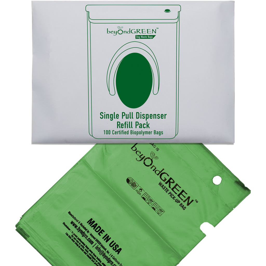 beyondGREEN Dog Waste Bags – Single-Pull Dispenser Refill Pack – Made in USA, Leak-Resistant, One-At-A-Time Dispensing (100 Bags per Pack)