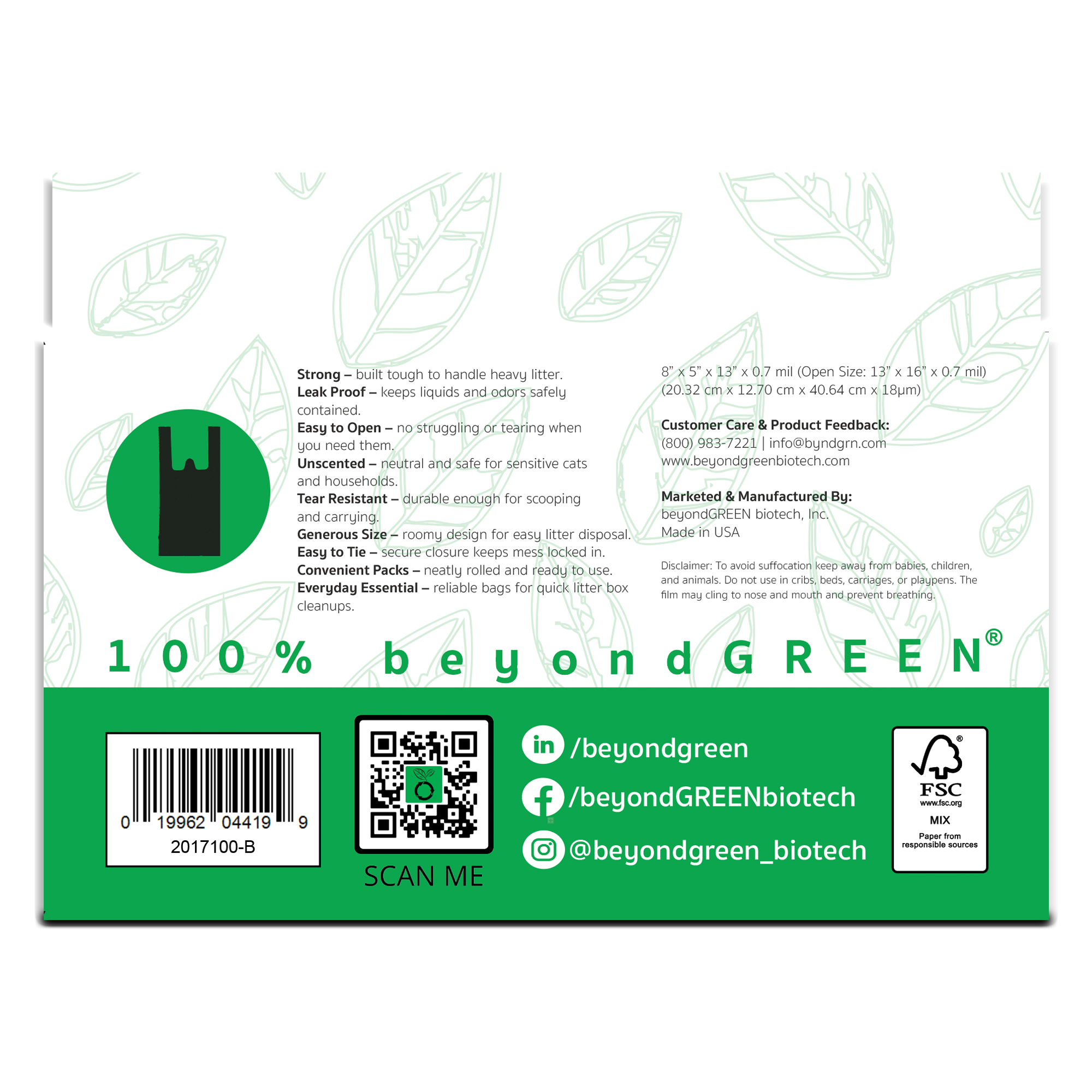 beyondGREEN Cat Litter Bags with Handles – 100 Count Black Edition – Made in USA, Leak-Resistant & Easy-Tie