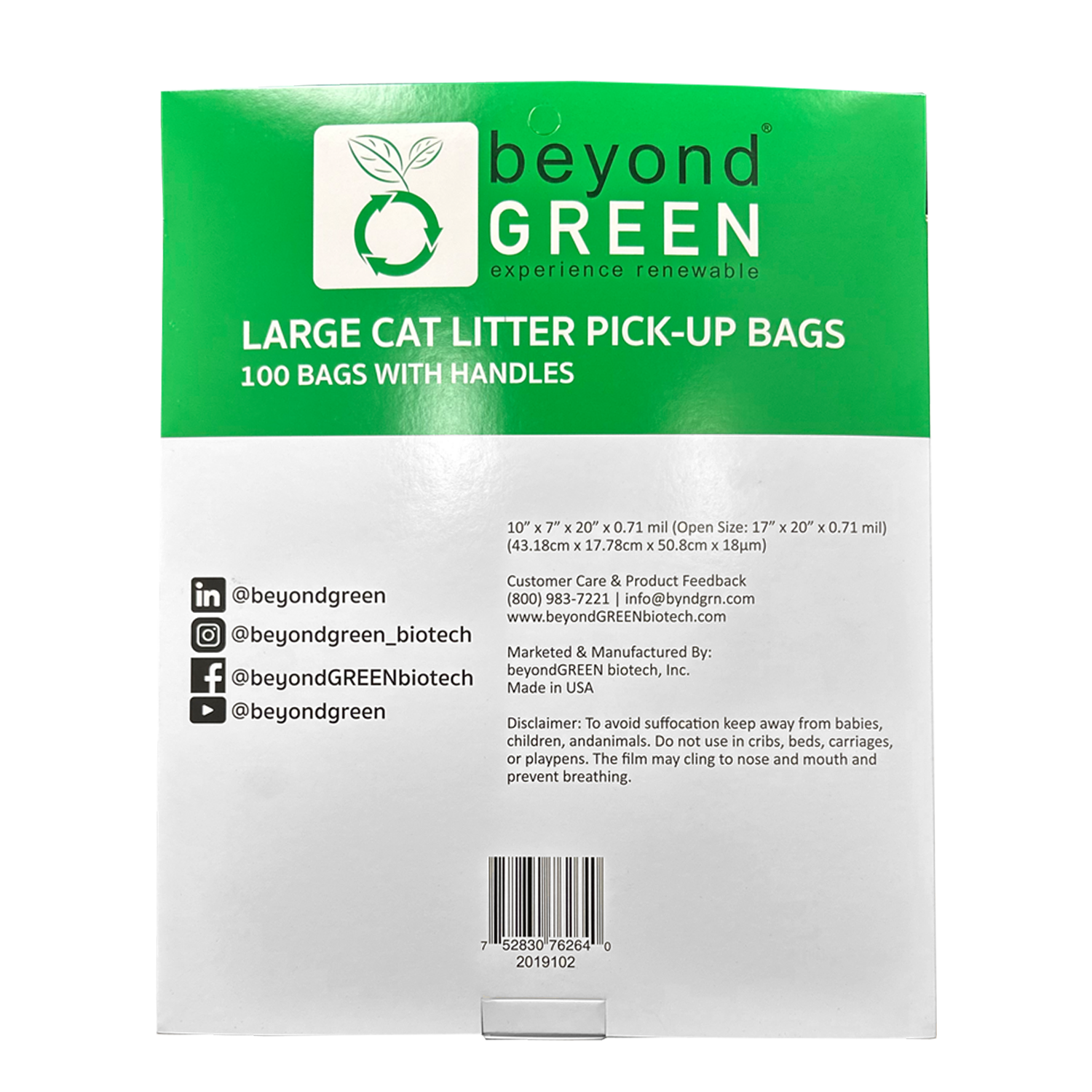 Large Plant-Based Cat Litter Pick-Up Bags with Handles - 100 Bags