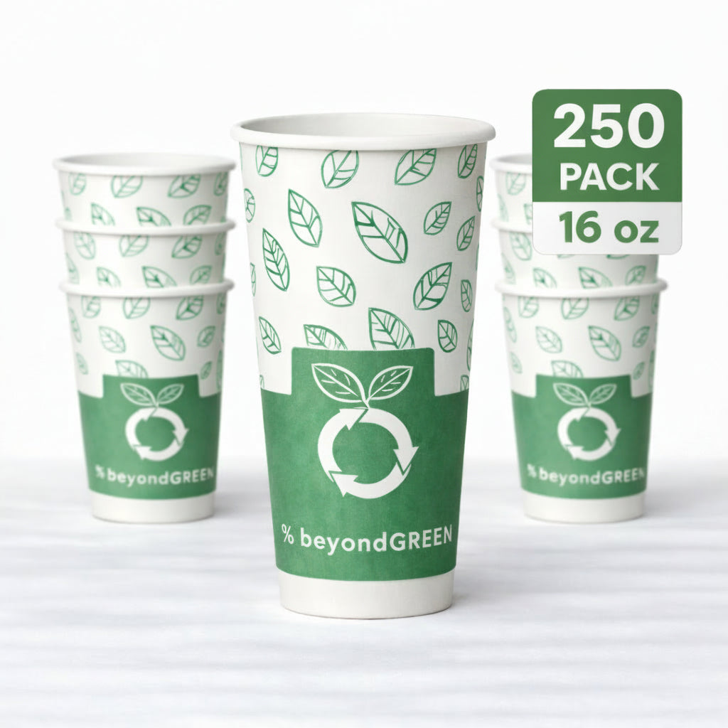beyondGREEN Aqueous Paper Cups – 12 oz / 16 oz | Hot & Cold Use | Made in USA | 25 CT