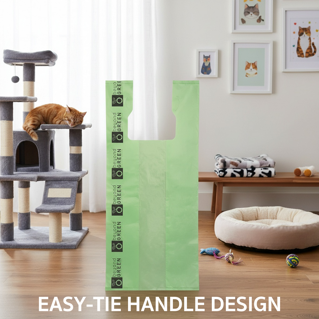 Large Green Cat Litter Bags – 10" x 20" with 7" Gusset & Handles – Made in USA