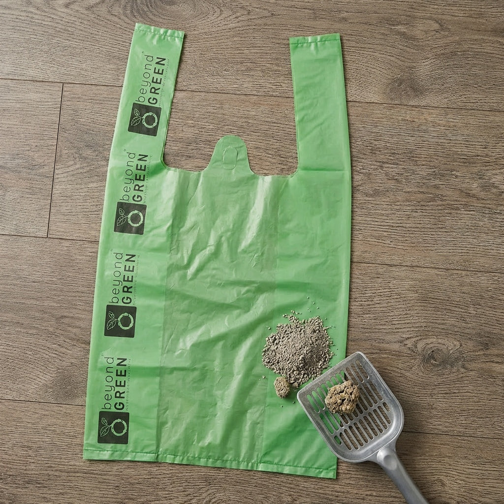 Green Cat Litter Bags – 8" x 16" with 5" Gusset & Handles – Made in USA