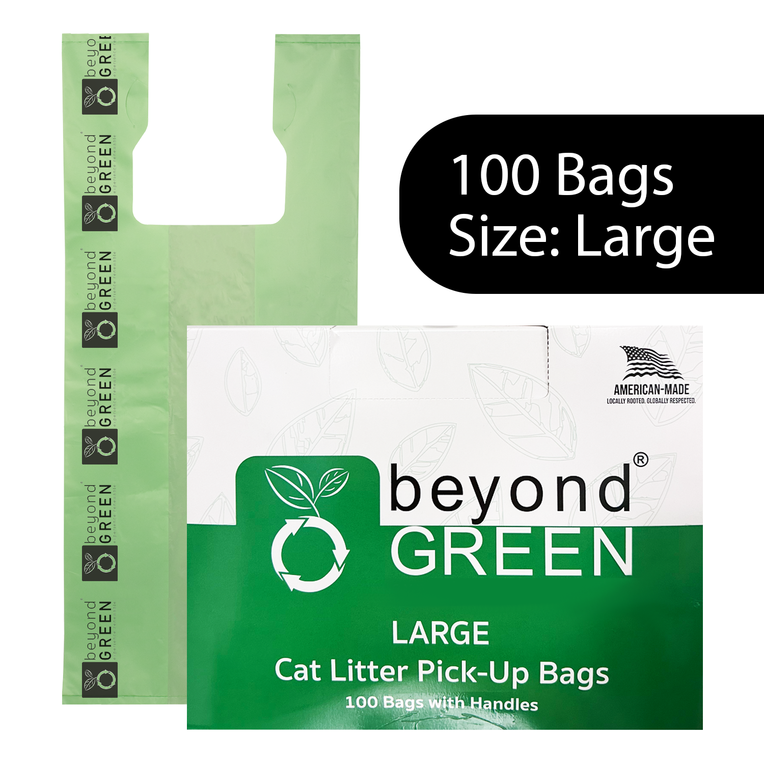 Large Green Cat Litter Bags – 10" x 20" with 7" Gusset & Handles – Made in USA