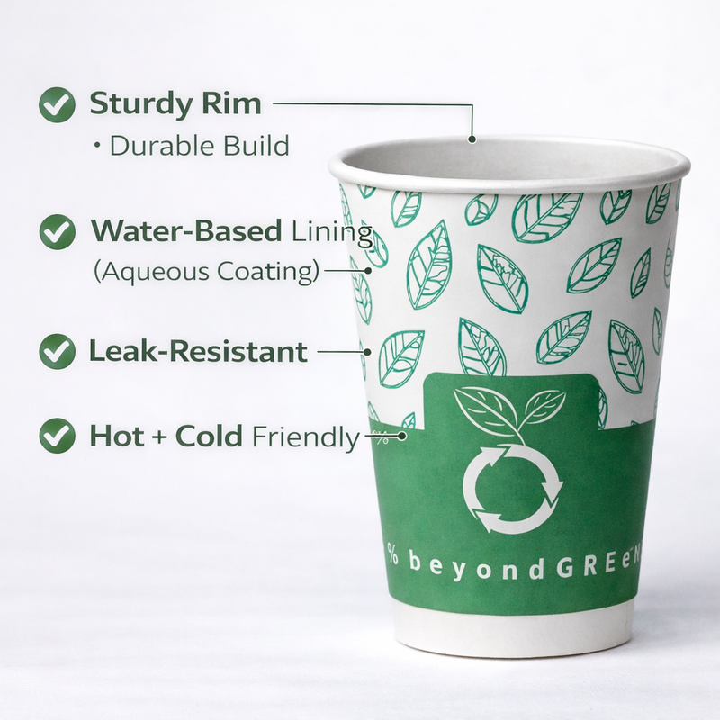 beyondGREEN Aqueous Paper Cups – 12 oz / 16 oz | Hot & Cold Use | Made in USA | 25 CT