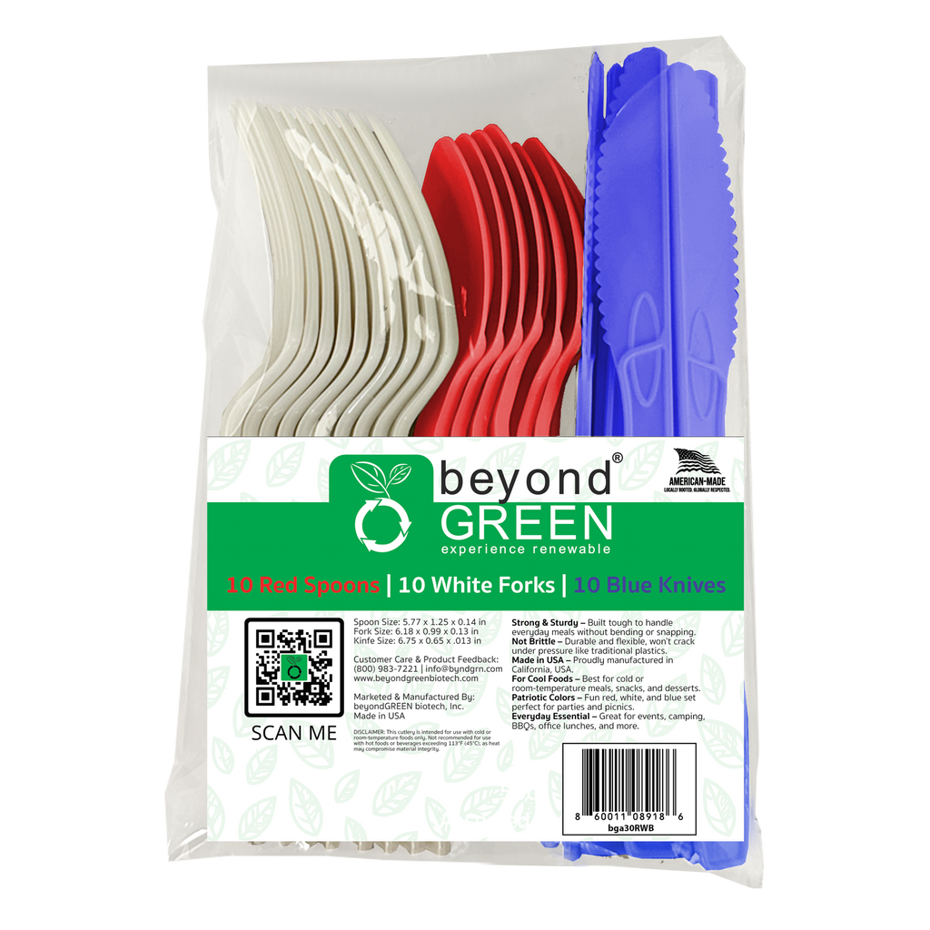 beyondGREEN Assorted Cutlery Pack – 30 Count (Red, White & Blue) – Made in USA, Durable Heavy-Duty Set