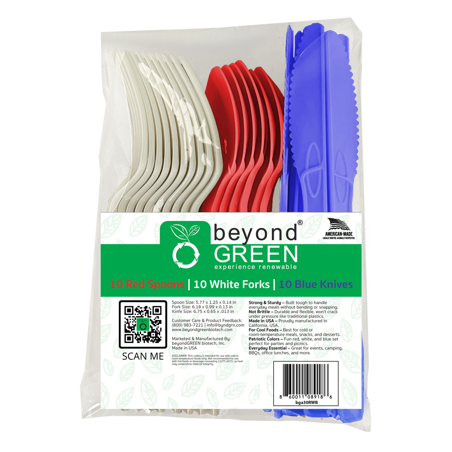 beyondGREEN Assorted Cutlery Pack – 30 Count (Red, White & Blue) – Made in USA, Durable Heavy-Duty Set