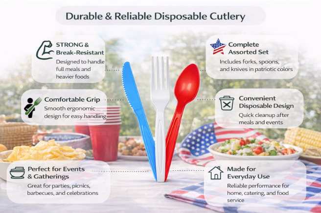 beyondGREEN Assorted Cutlery Pack – 30 Count (Red, White & Blue) – Made in USA, Durable Heavy-Duty Set
