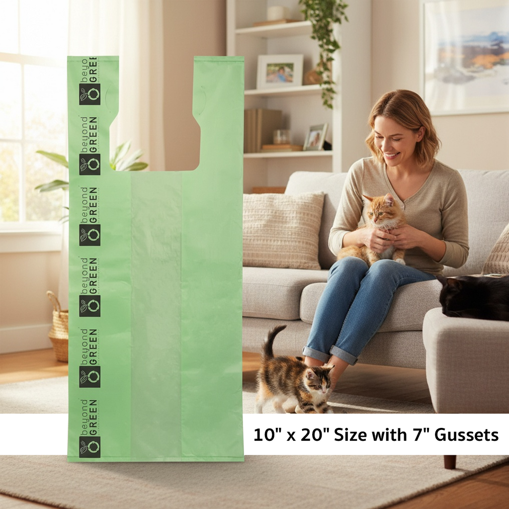 Large Green Cat Litter Bags – 10" x 20" with 7" Gusset & Handles – Made in USA