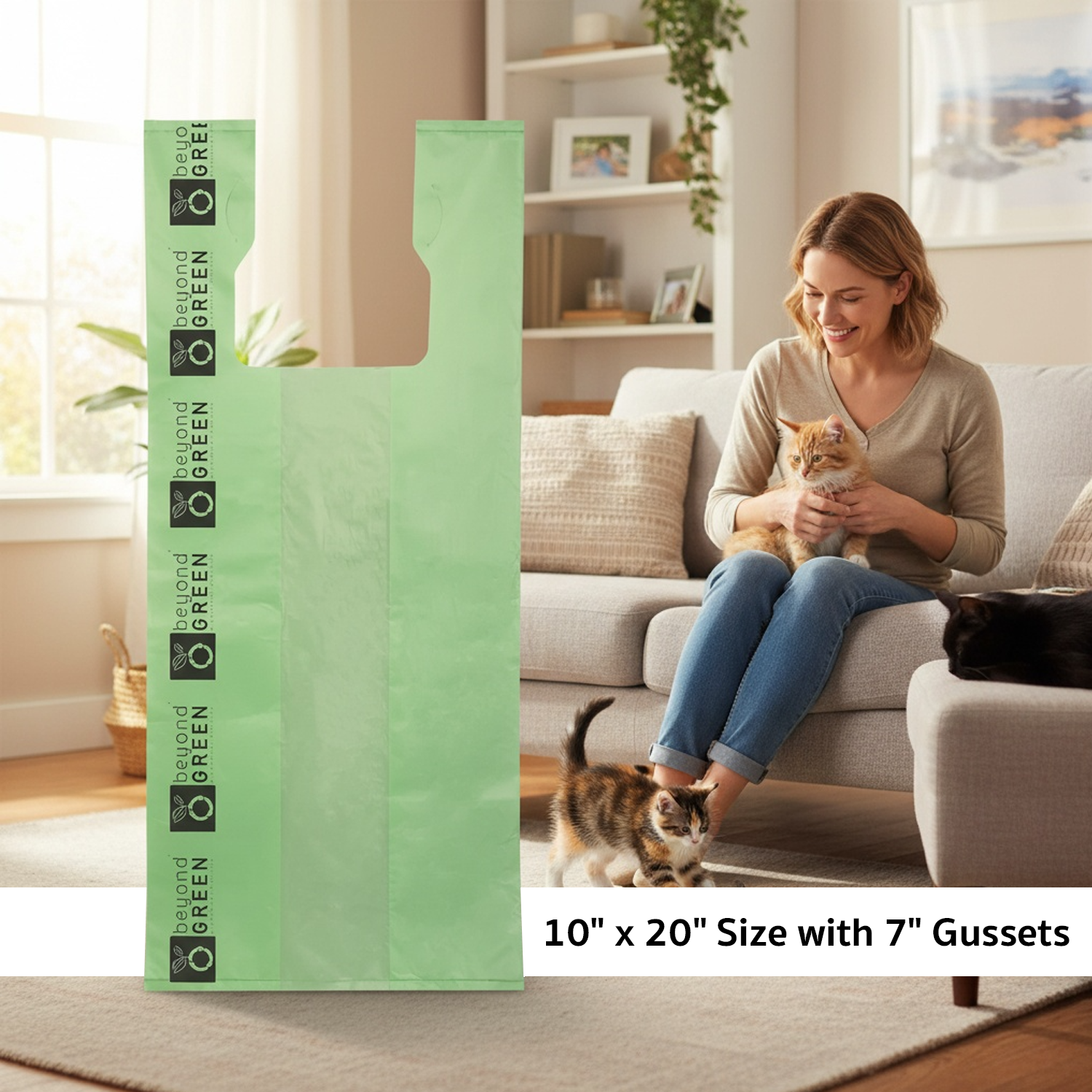 Large Green Cat Litter Bags – 10" x 20" with 7" Gusset & Handles – Made in USA