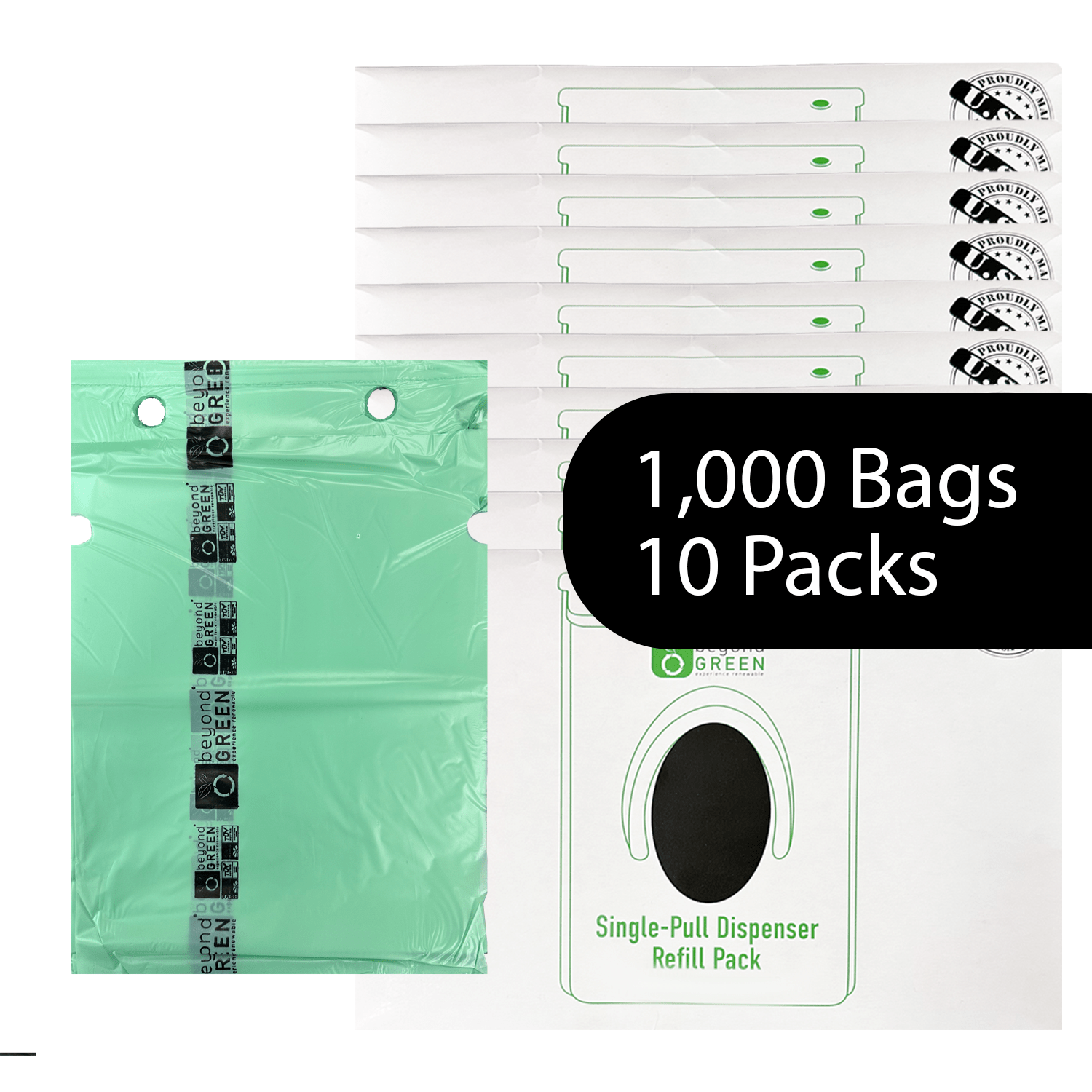 Dog Waste Station Bags – Single - Pull Refill 9" x 13" | Park Dispenser Compatible | Made in USA | beyondGREEN 10 Packs - 1000 Bags - Dog Waste Bags - beyondGREEN biotech™