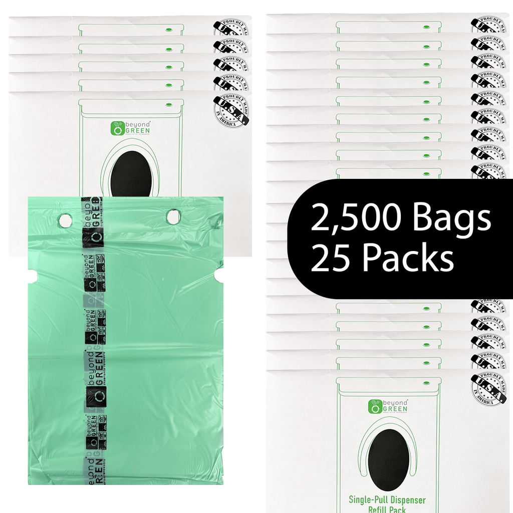 Dog Waste Station Bags – Single - Pull Refill 9" x 13" | Park Dispenser Compatible | Made in USA | beyondGREEN 25 Packs - 2500 Bags - Dog Waste Bags - beyondGREEN biotech™
