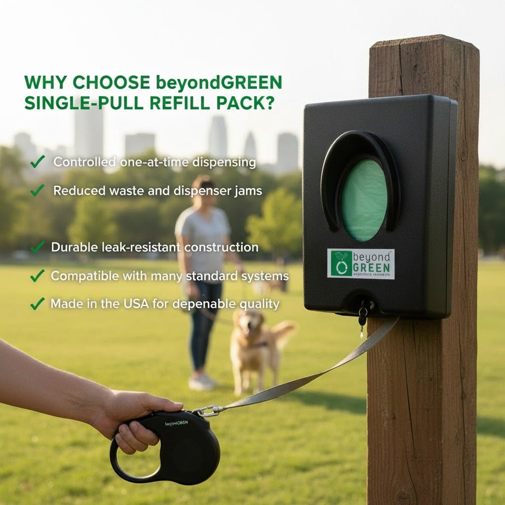 Dog Waste Station Bags – Single - Pull Refill 9" x 13" | Park Dispenser Compatible | Made in USA | beyondGREEN 25 Packs - 2500 Bags - Dog Waste Bags - beyondGREEN biotech™