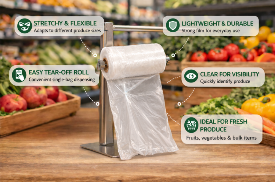 Produce Bags on Roll – 100 Count | Clear | 14" x 17" | Reusable Style | Made in USA | beyondGREEN - beyondGREEN biotech™