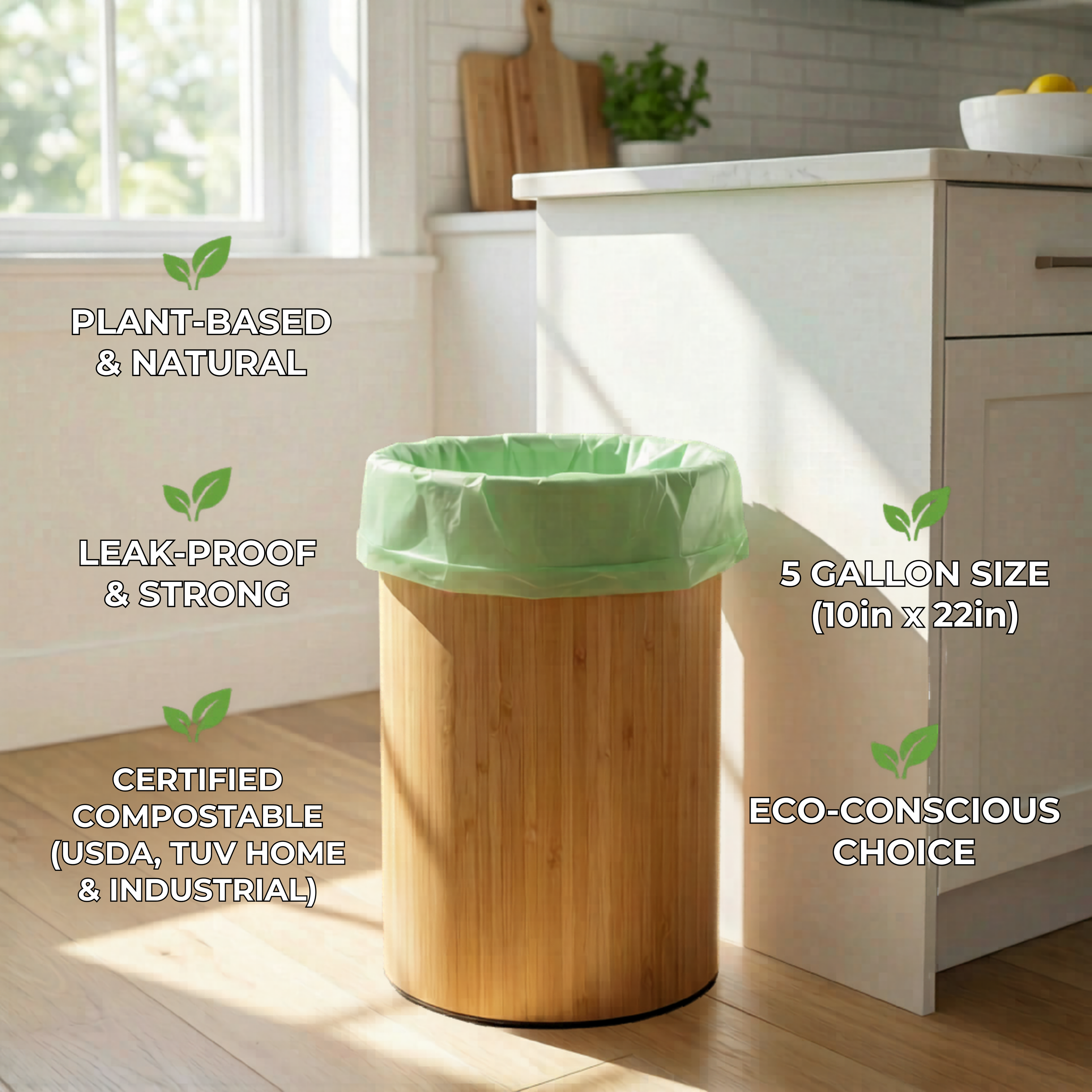 5-Gallon Plant-Based Trash Can Liner - 50 Bags