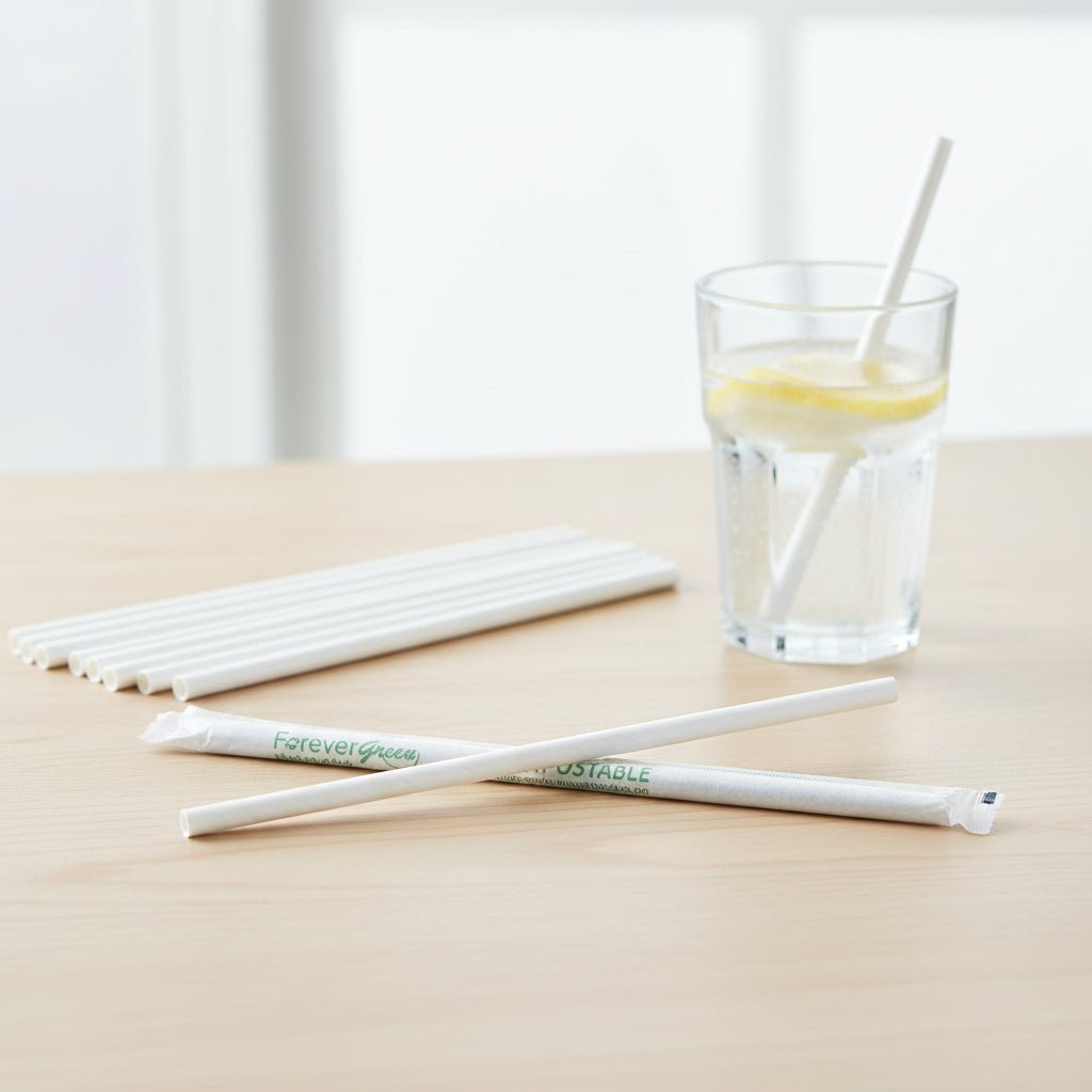 Wrapped 7.75'' x 0.24'' Compostable White Jumbo Drinking Straws - 2,500 Count - beyondGREEN biotech™