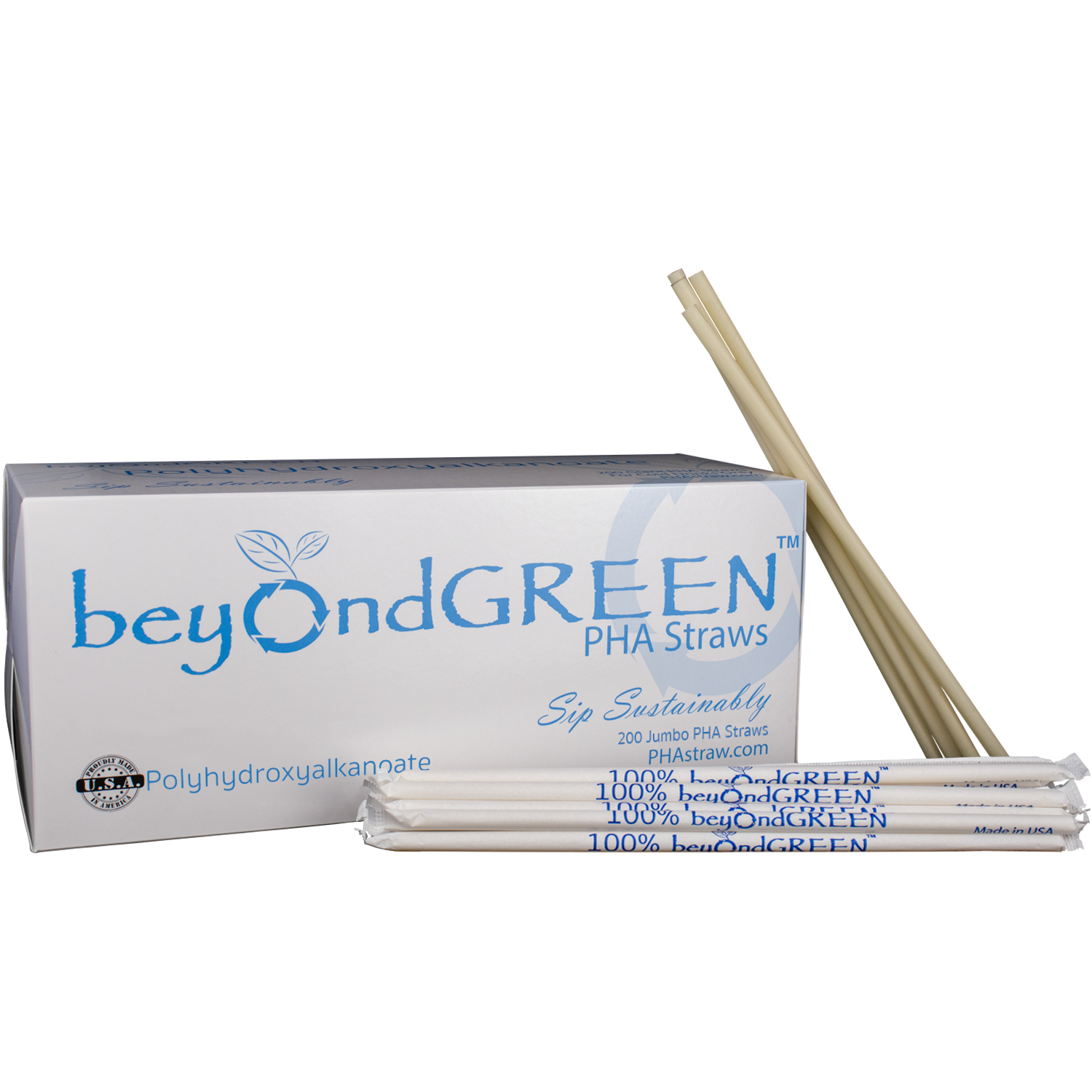 beyondGREEN Plant-Based PHA Disposable Drinking Straws - Individually Wrapped - 200 White Jumbo Straws - 7.75