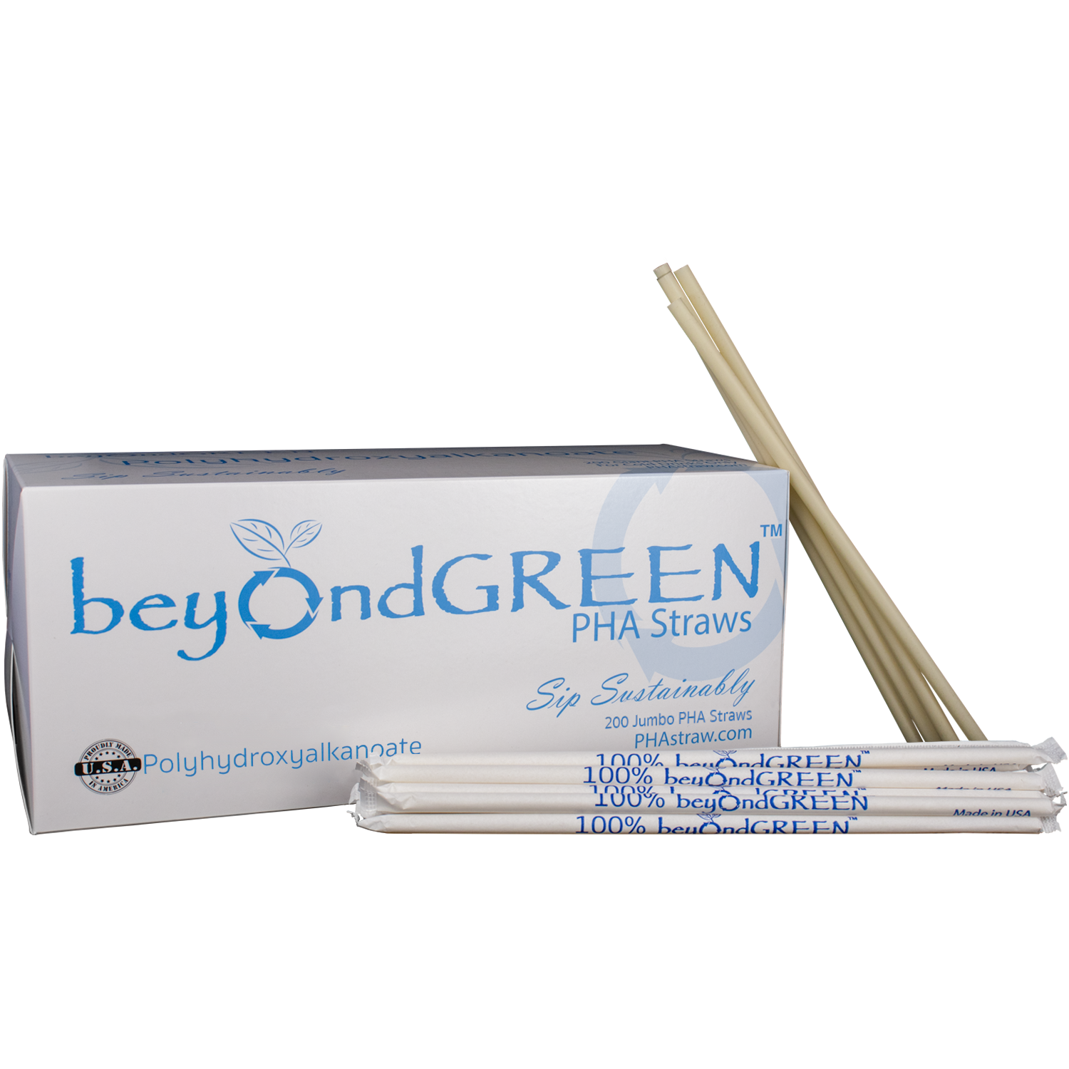 beyondGREEN Plant-Based PHA Disposable Drinking Straws - Individually Wrapped - 200 White Jumbo Straws - 7.75" x 0.24"