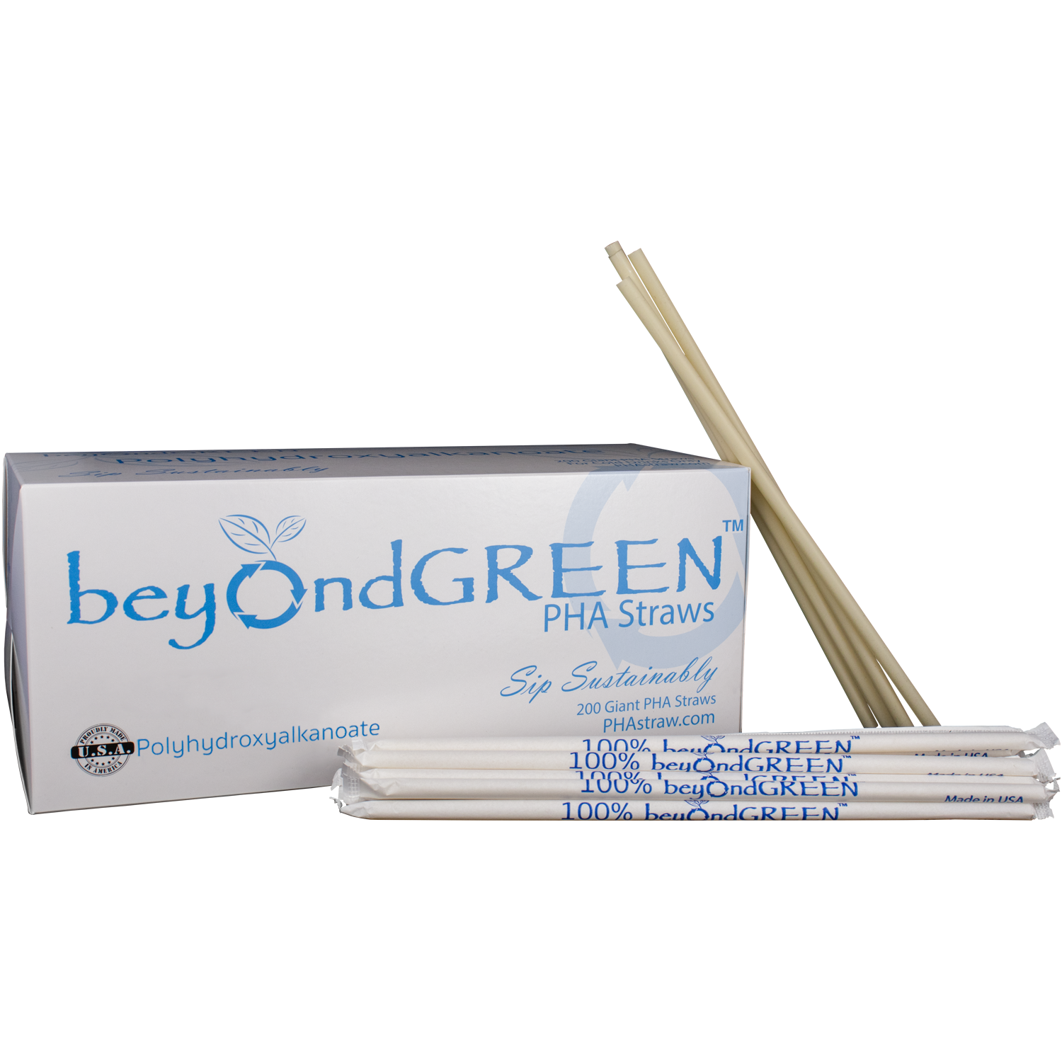 beyondGREEN Plant-Based PHA Disposable Drinking Straws - Individually Wrapped - 200 White Giant Straws – 10.25