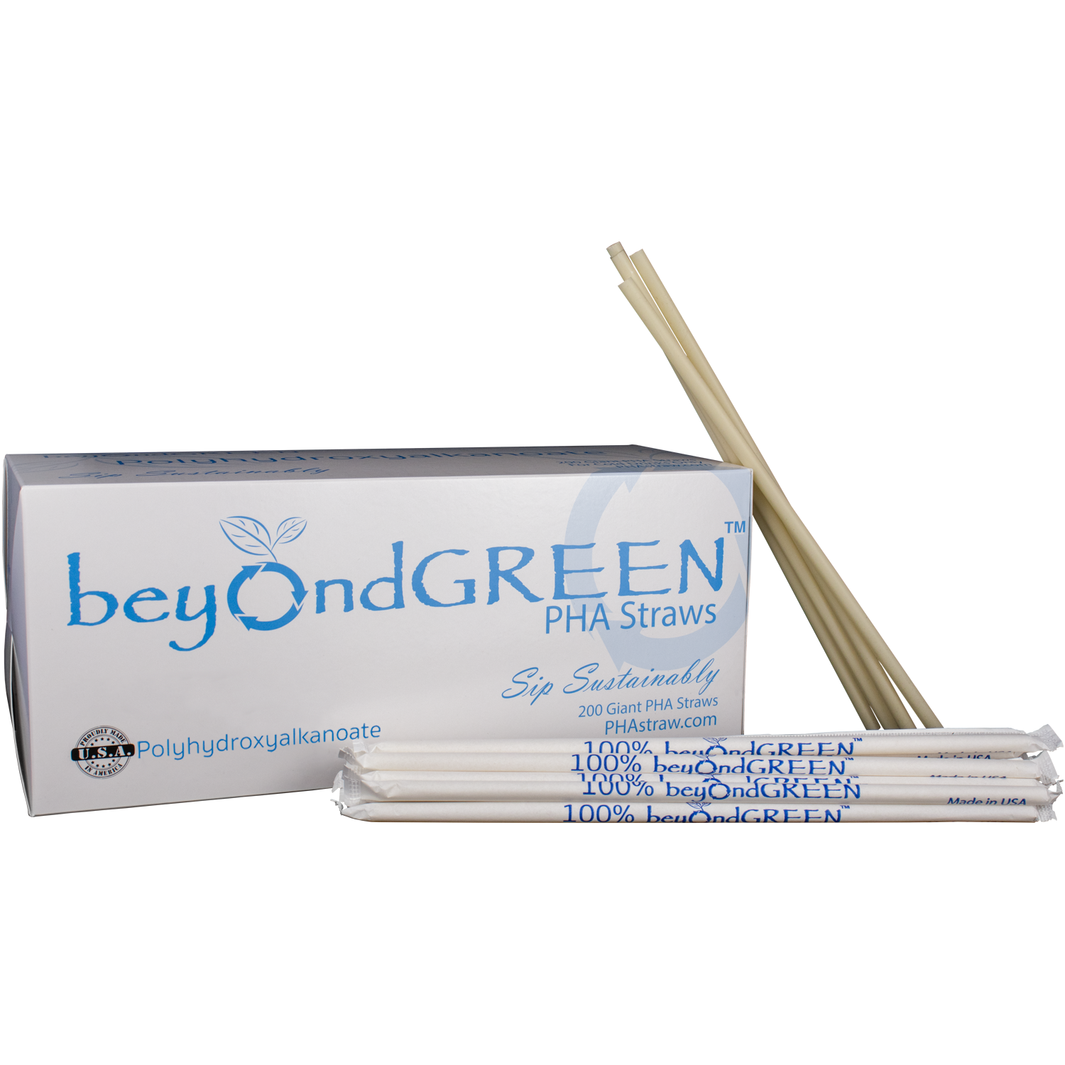 beyondGREEN Plant-Based PHA Disposable Drinking Straws - Individually Wrapped - 200 White Giant Straws – 10.25" x 0.24"
